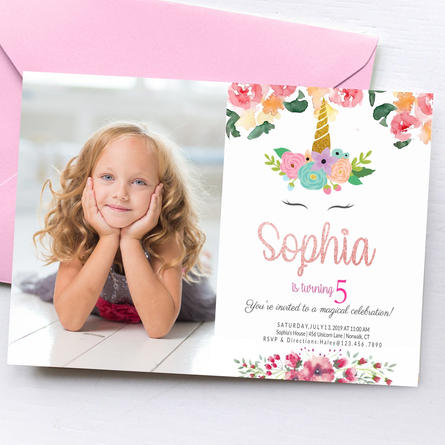 Unicorn Invitation Design 5 with Photo Personalized Digital Printable birthday princess