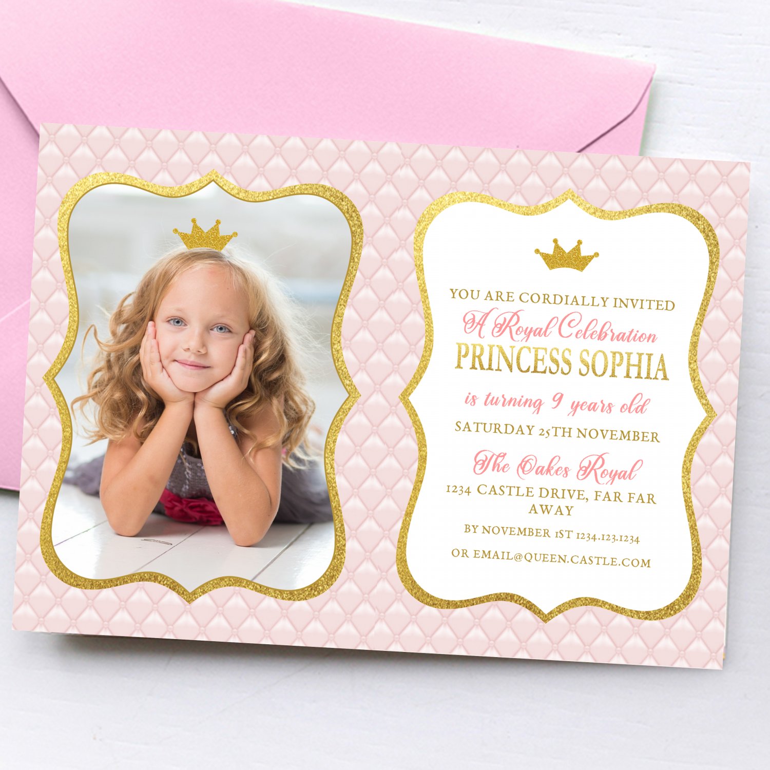 Princess Birthday Invitation Design 1 with photo Printable Digital Gold Pink Elegant