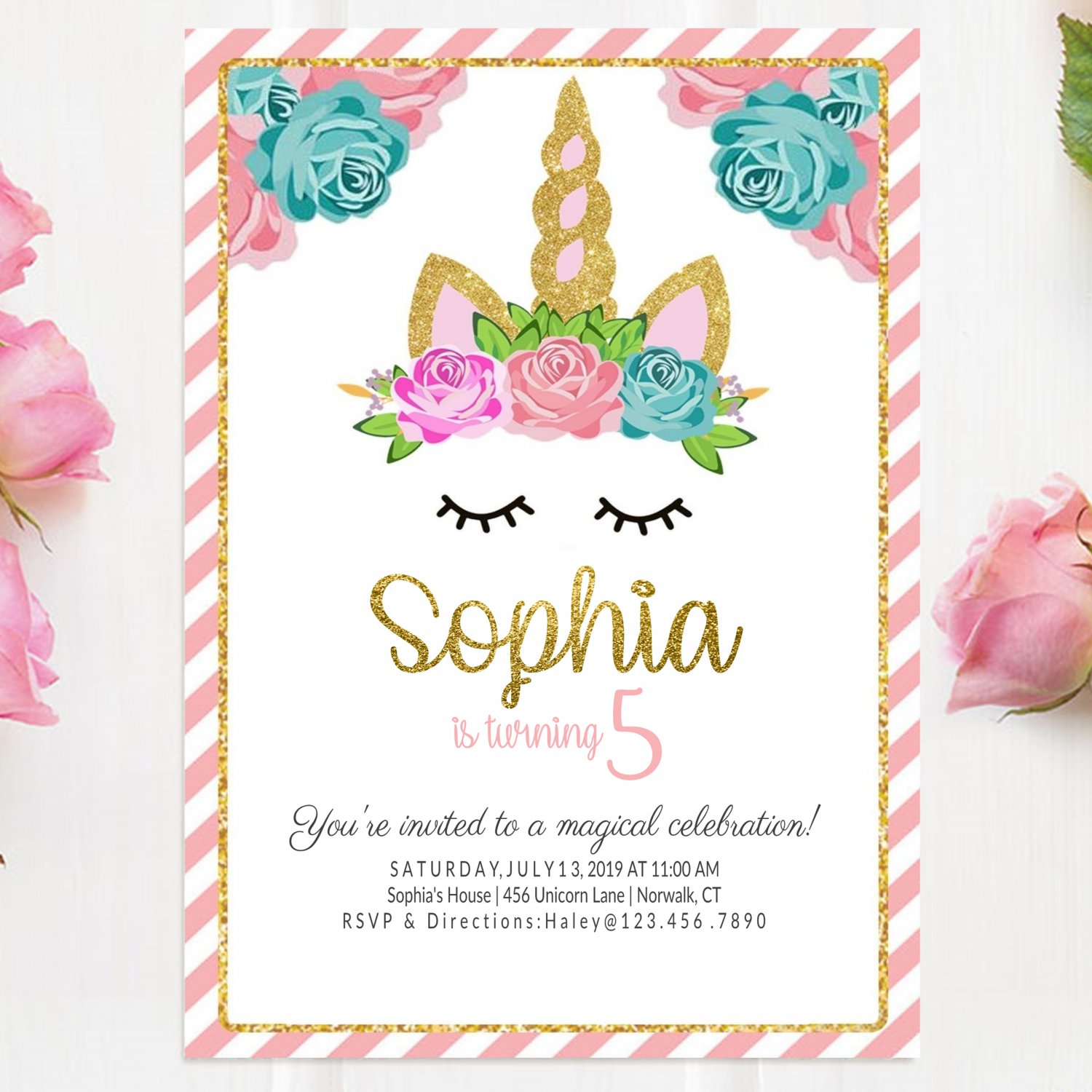 Unicorn Invitation Design 3 Printable Digital princess watercolor glitters birthday