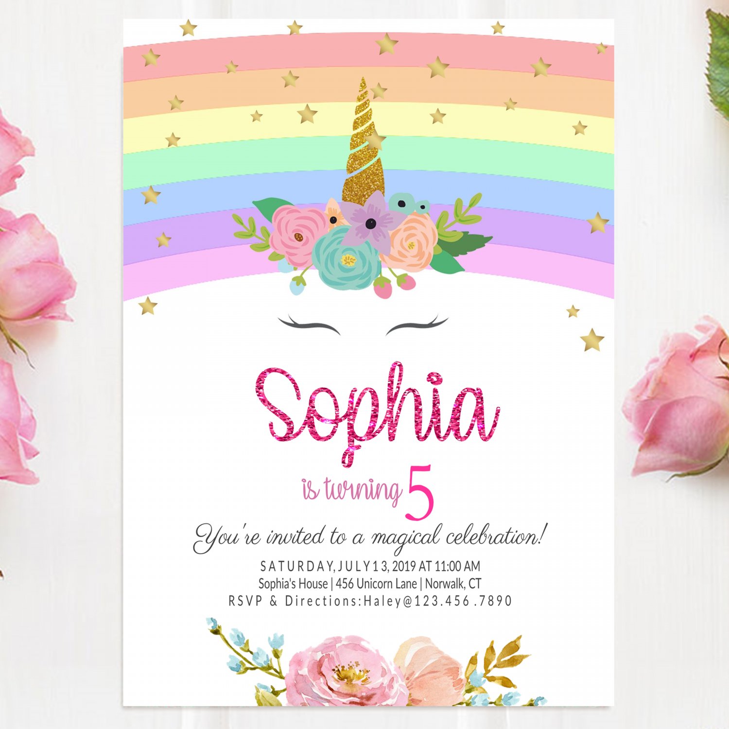 Unicorn Princess Invitation Design 4 Printable Digital watercolor glitters birthday