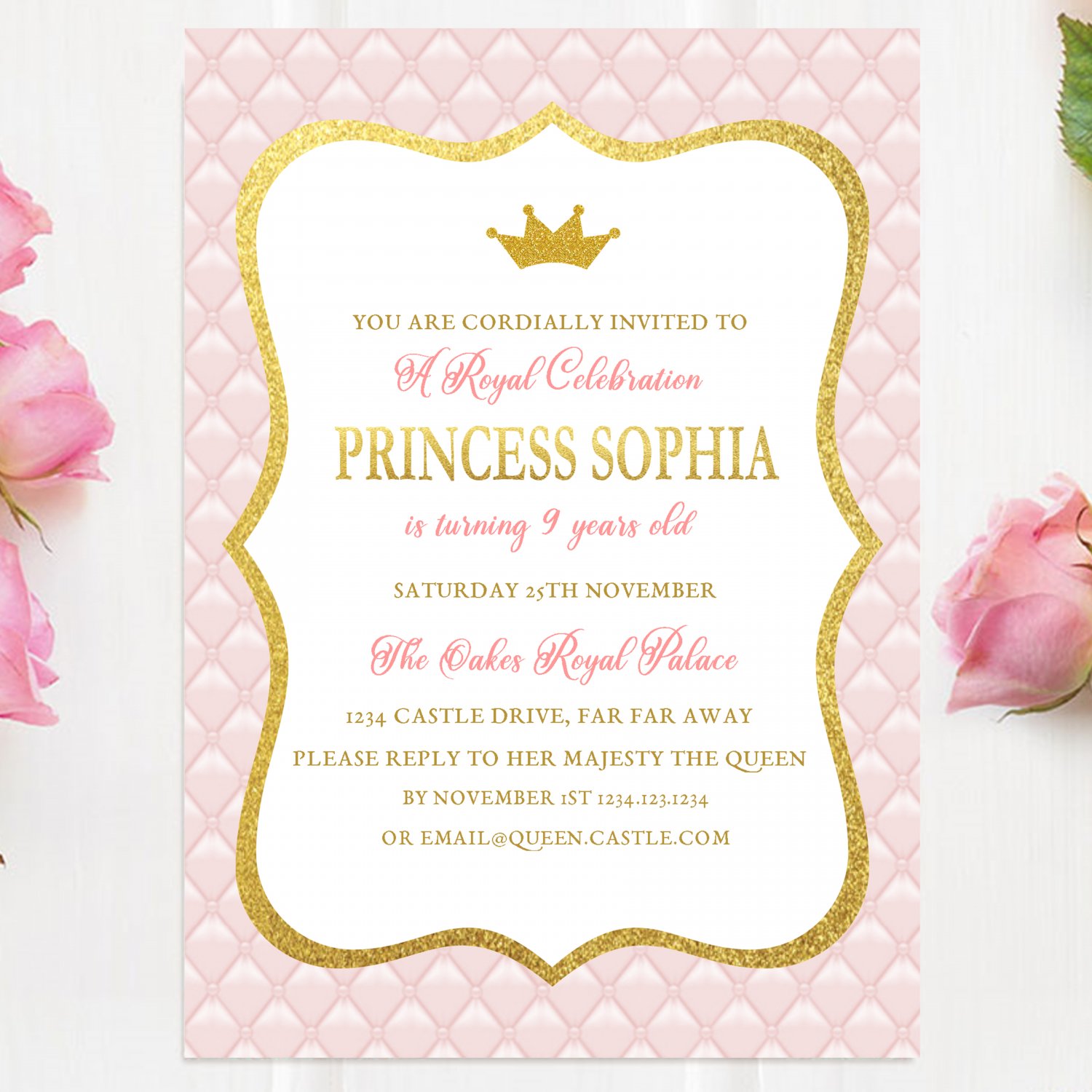 Princess Birthday Invitation Design 1 Printable Digital Personalized Elegant Gold Pink