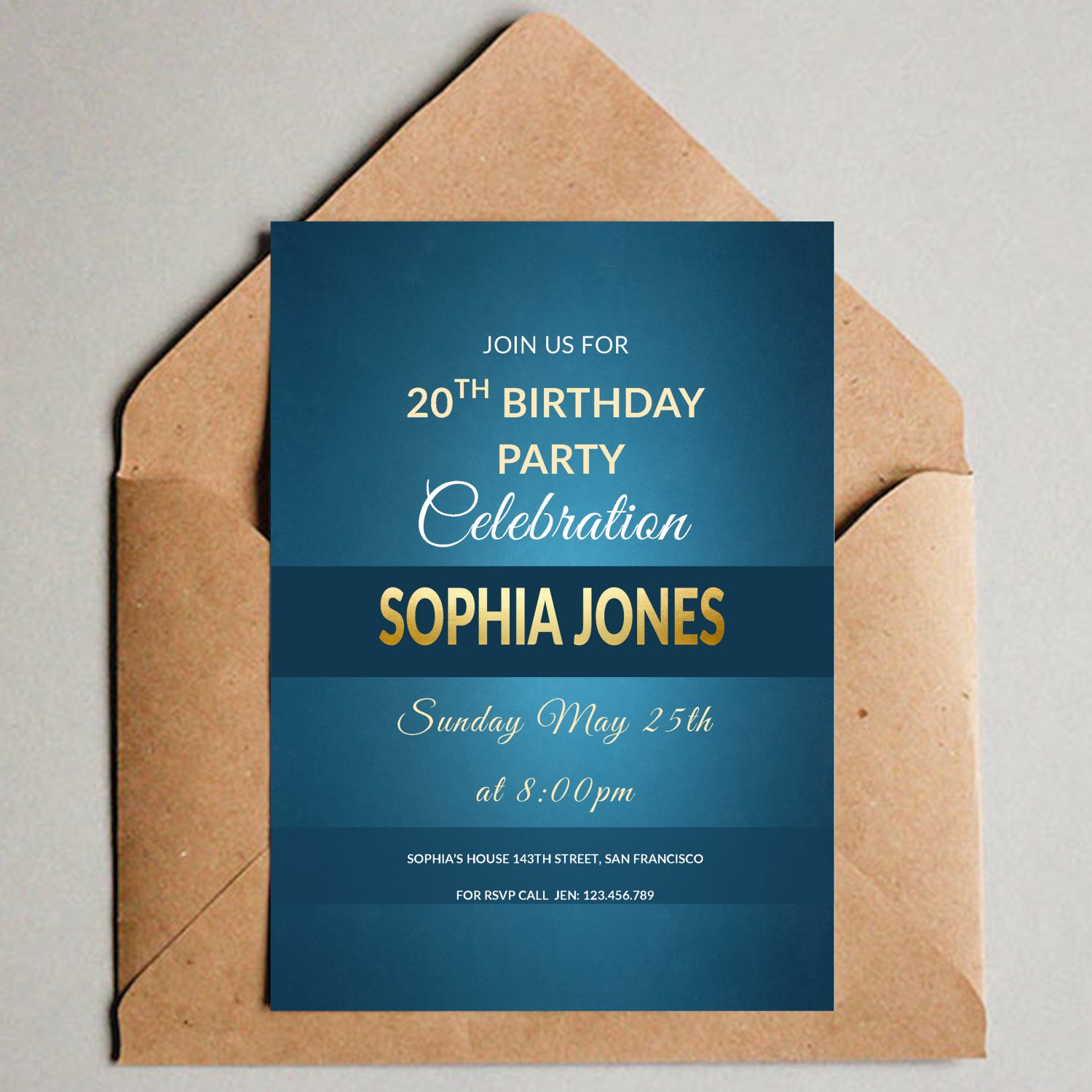 Simple Elegant Blue Birthday Design 1 Invitation Digital Printable Gold Personalized Invite