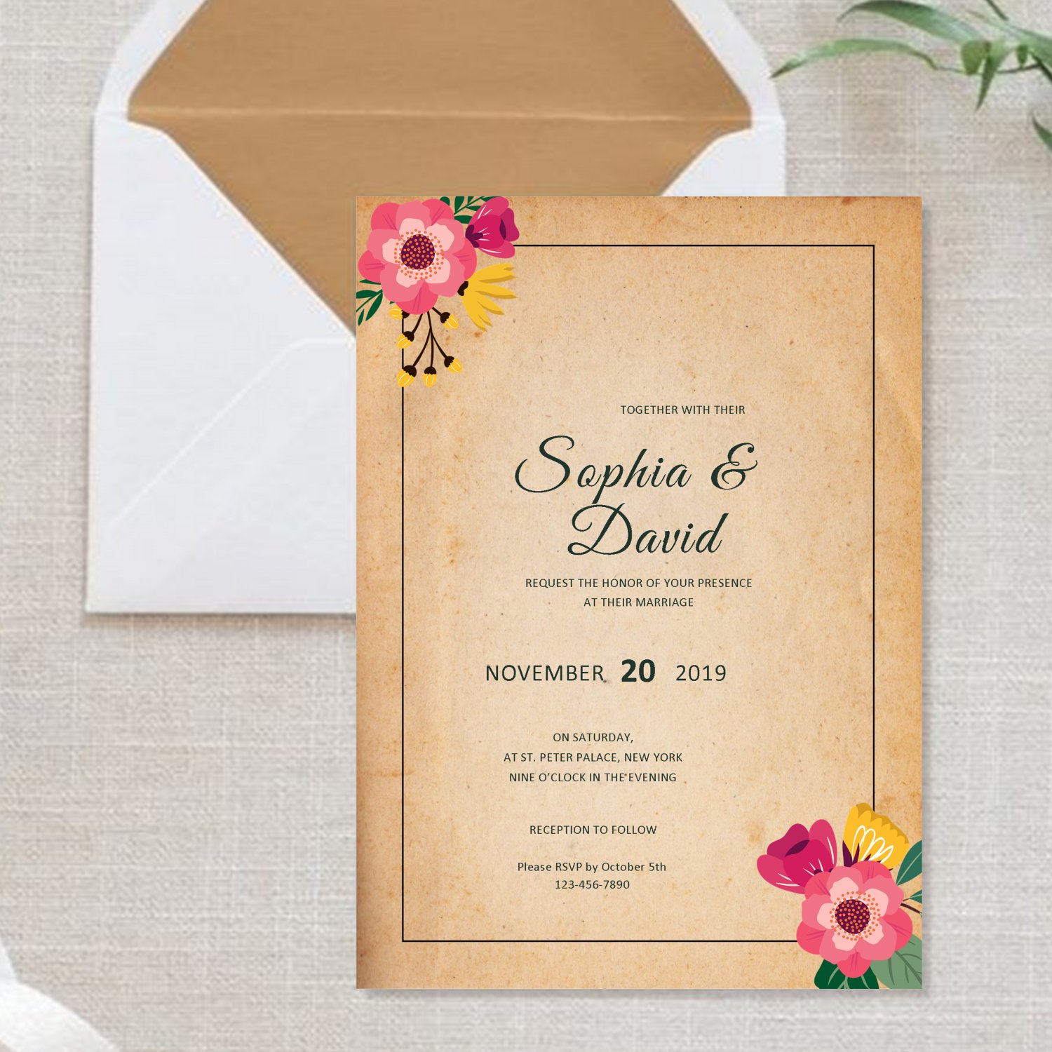 Wedding Invitation Design 3 Rustic Flowers Printable Personalized Elegant
