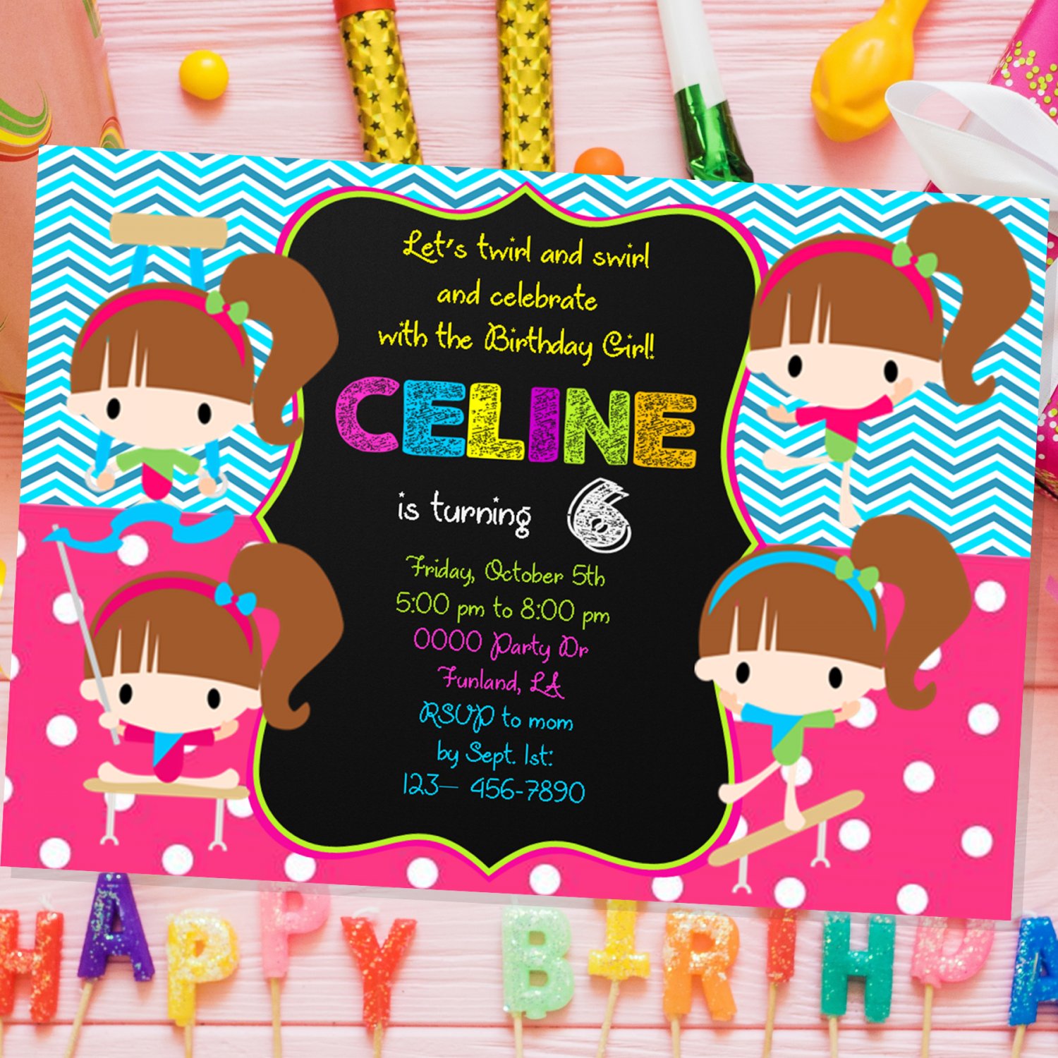 Personalized Gymnast Girl Invitation Design 3 Polka Pink Sports Printable Digital Custom Cartoon