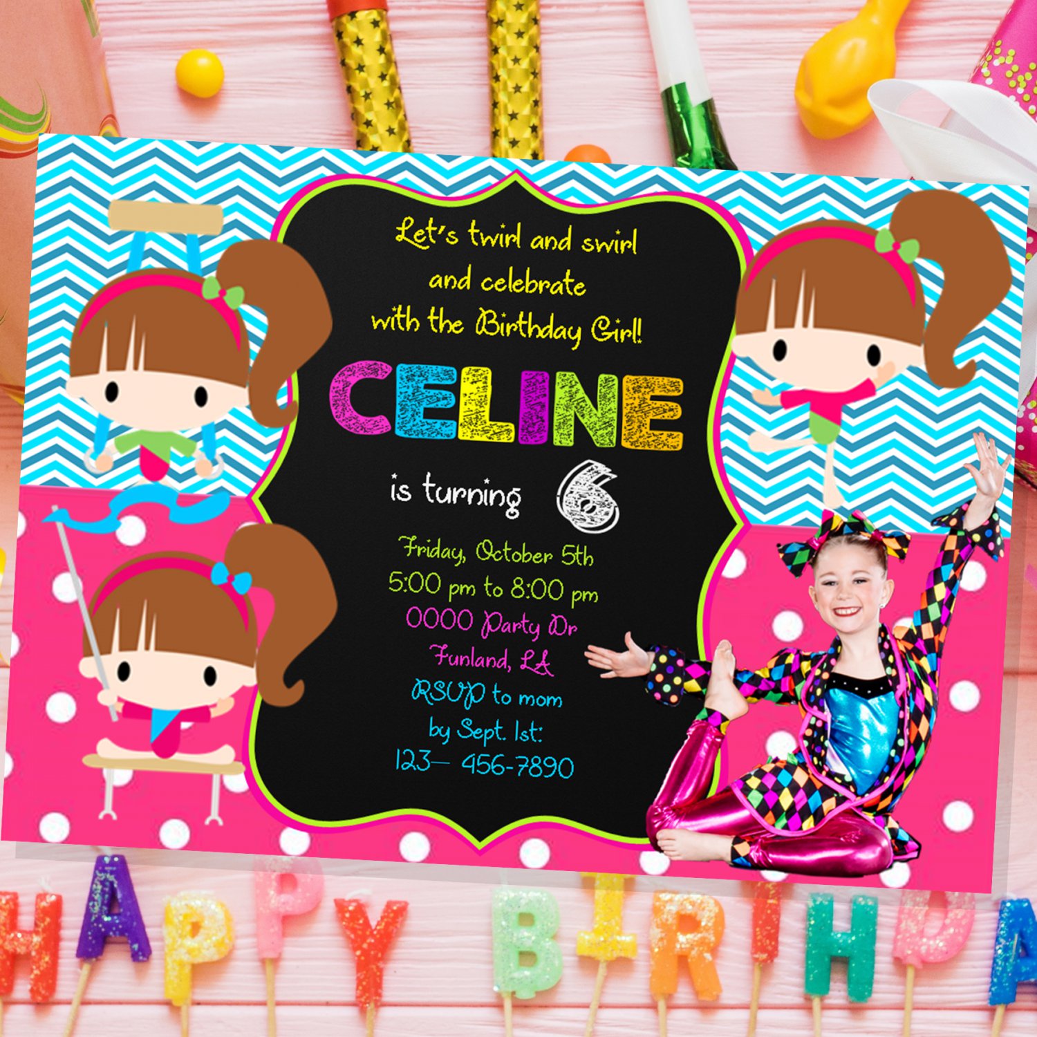 Personalized Gymnast Girl Invitation Design 3 with Photo Printable Digital Custom Polka