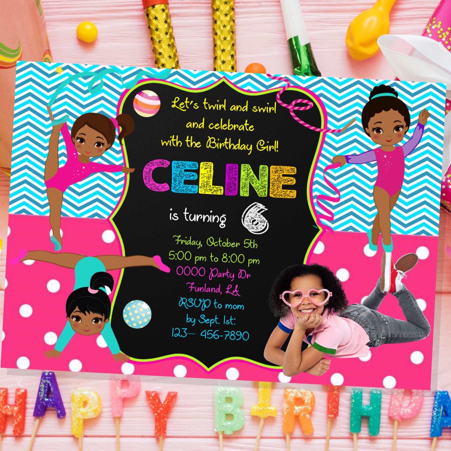 Personalized Gymnast Girl Invitation Design 4 with Photo Printable Digital Custom Polka