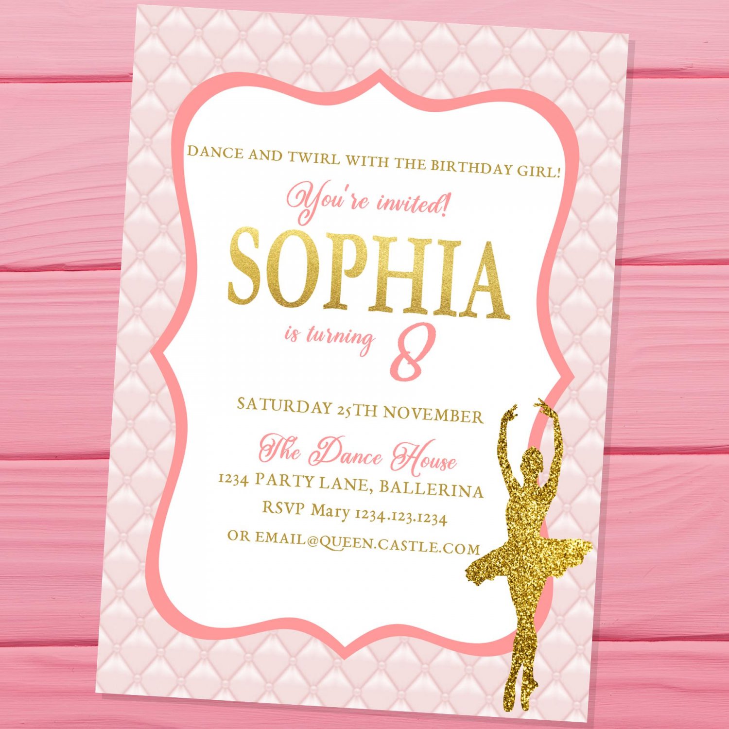 Ballerina Invitation Design 1 Princess Pink Gold Glitters Elegant Classic Ballet Dancer Dance