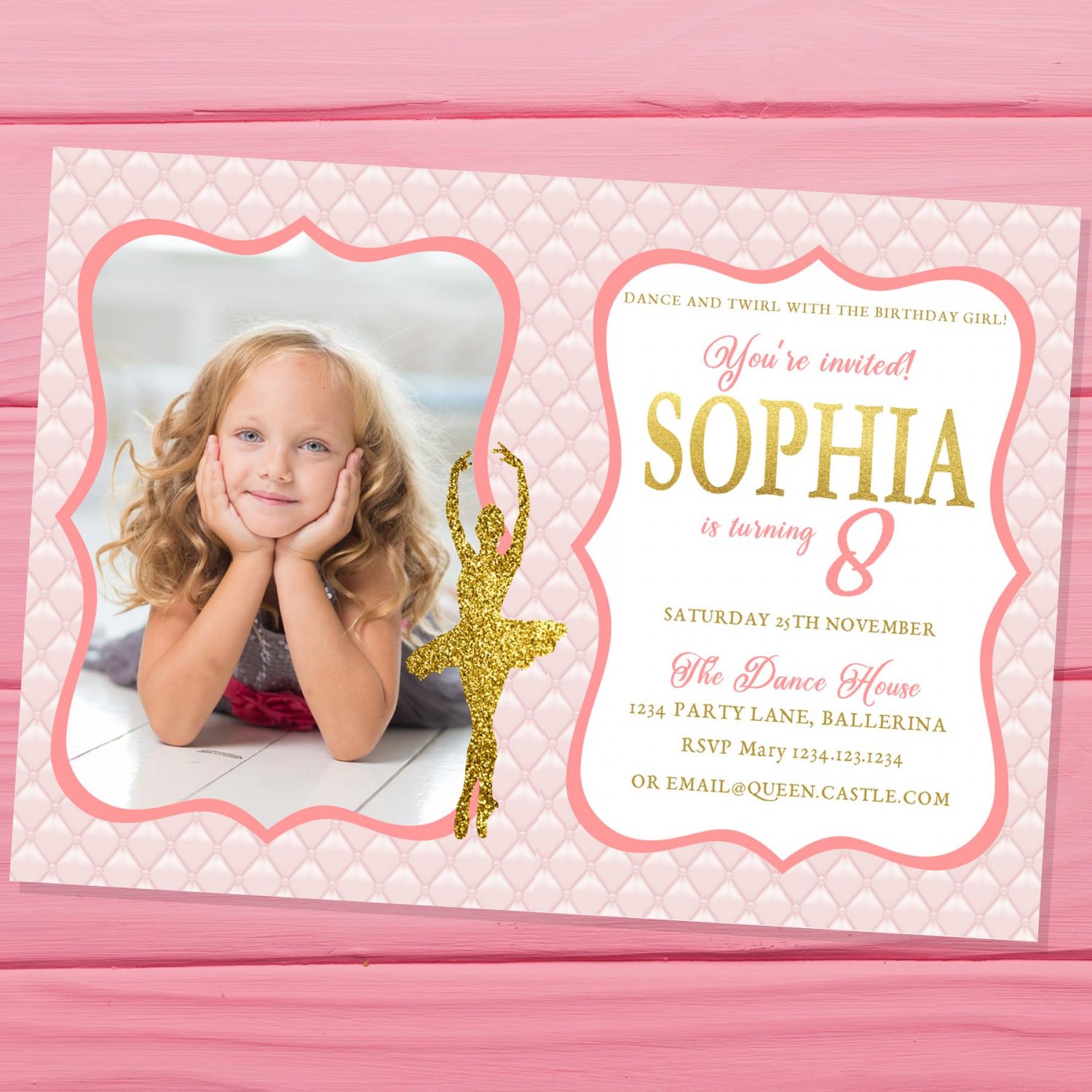 Ballerina Invitation Design 1 with Photo Princess Pink Gold Glitters Elegant Ballet