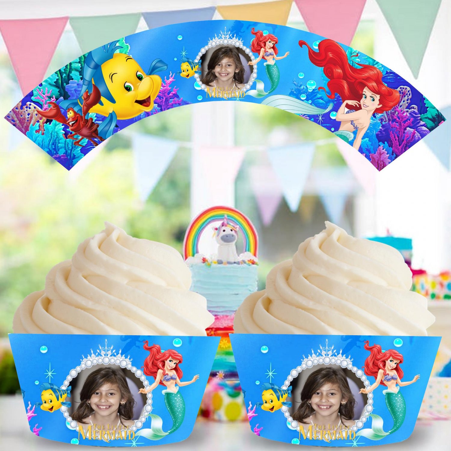 Personalized Ariel Disney Princess Cupcake Wrappers with Photo mermaid ocean sea bubbles fish