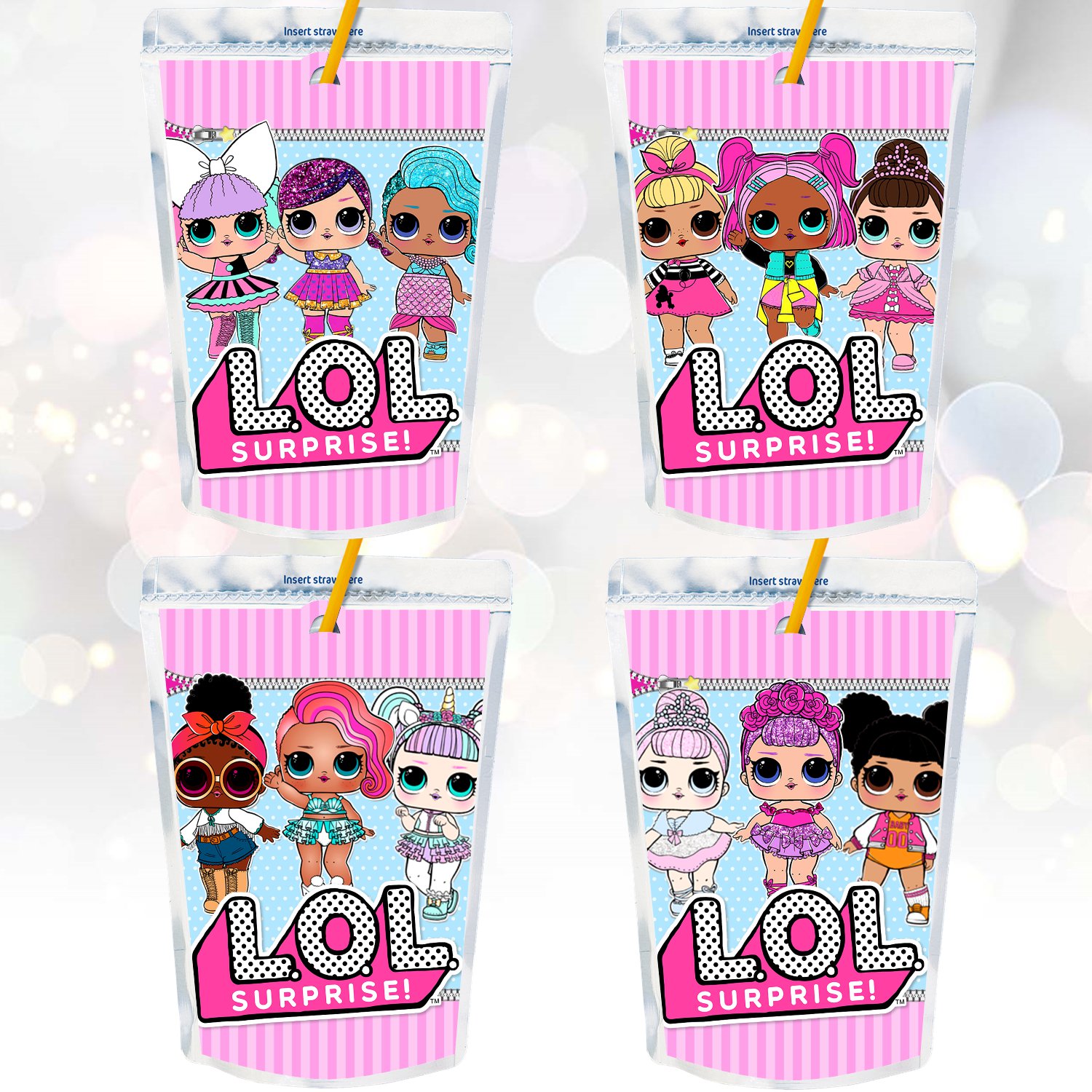 Instant Download Juice Pouch Labels Cute Dolls Birthday Party Printable Digital doll Capri Sun