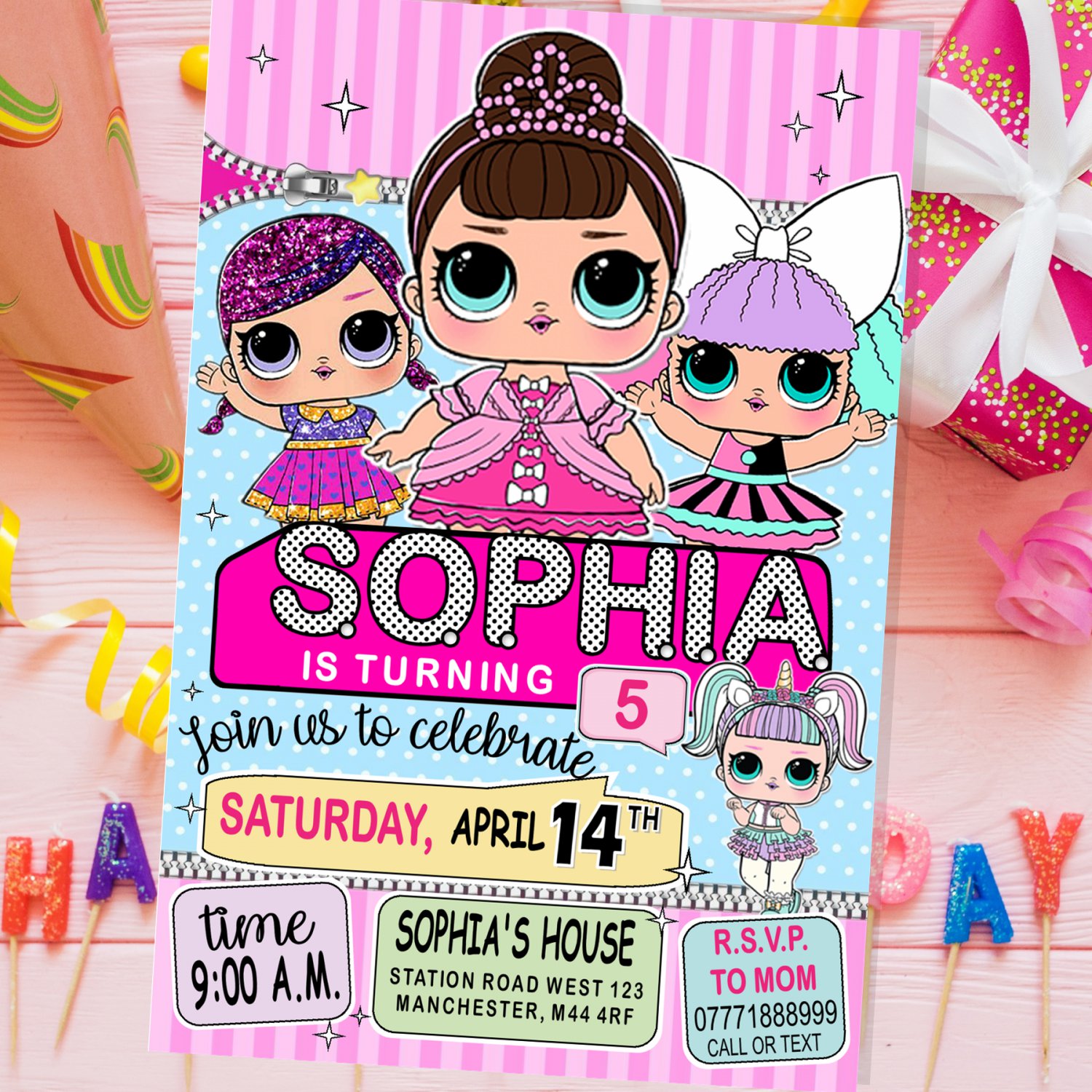 Personalized Invitation Cute Dolls Birthday Party Printable Digital doll custom invite doll