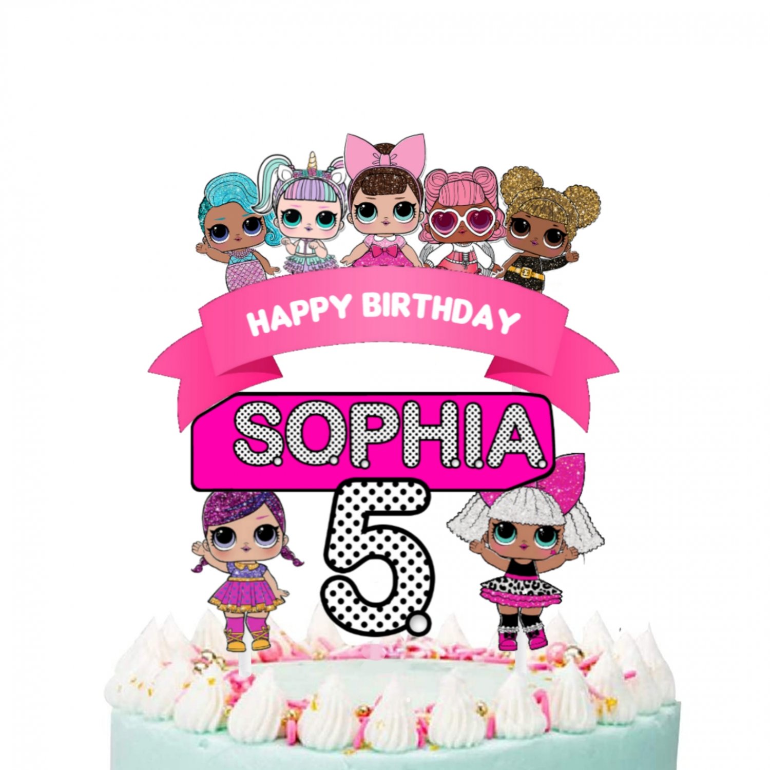 Personalized Cake Topper Cute Dolls Birthday Party Printable Digital custom cupcake doll