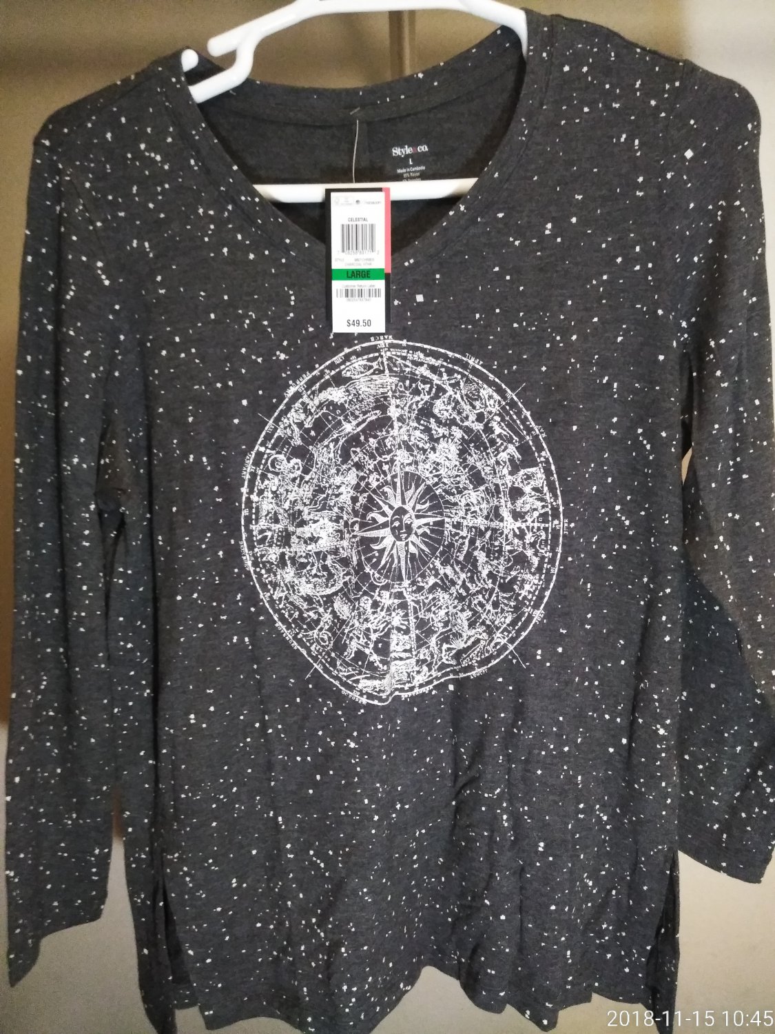 STYLE &CO WOMEN'S LONG SLEEVE V-NECK CELESTIAL CHARCOAL TOP - SIZE -L