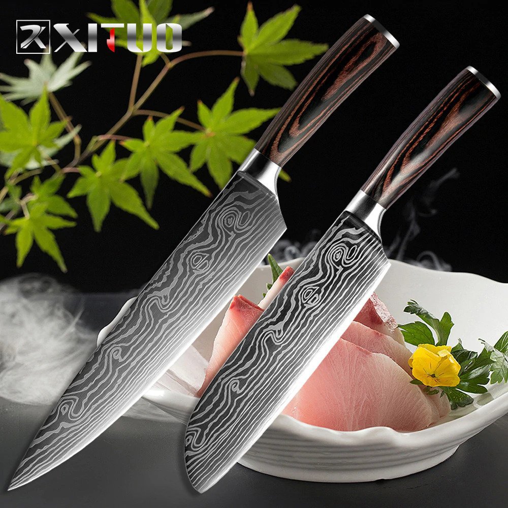 2 pcs kitchen knives set 8"7" inch Japanese chef knife Damascus steel Pattern