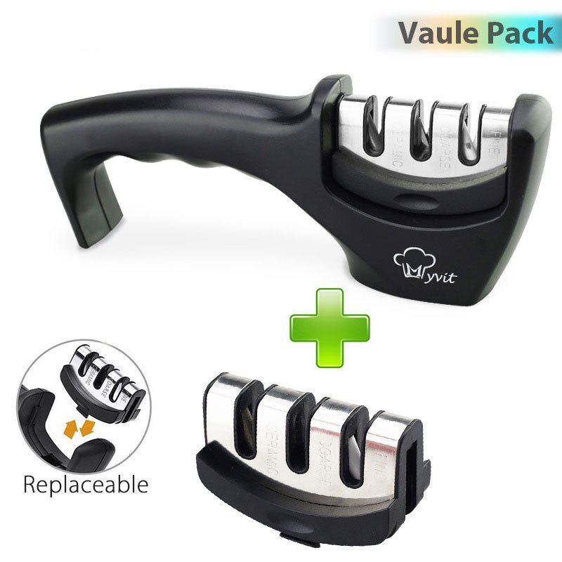 Knife Sharpener 3 stages Kitchen Knife Sharpening Stone Black+ Spare blade slot