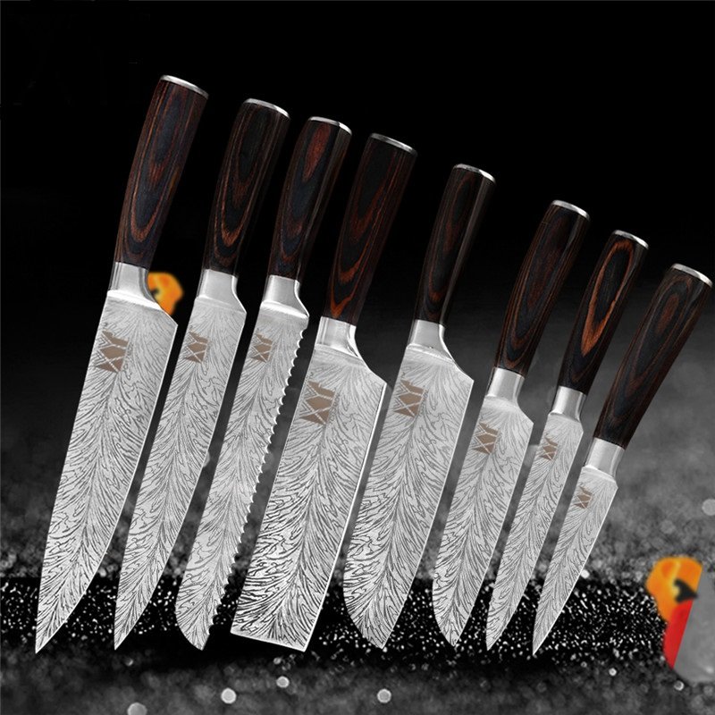 8 pcs Feather Pattern Stainless Steel Knife Kitchen Knife