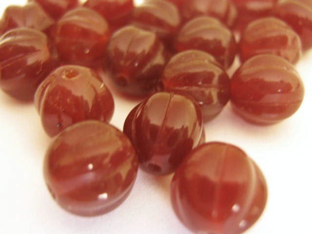 8mm Round Fluted Melon Dark Carmel Brown Czech Glass Beads