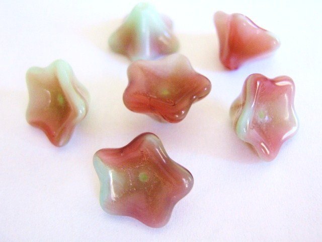 Pistachio Raspberry 8x13mm Flower Pink Green Czech Glass Bead