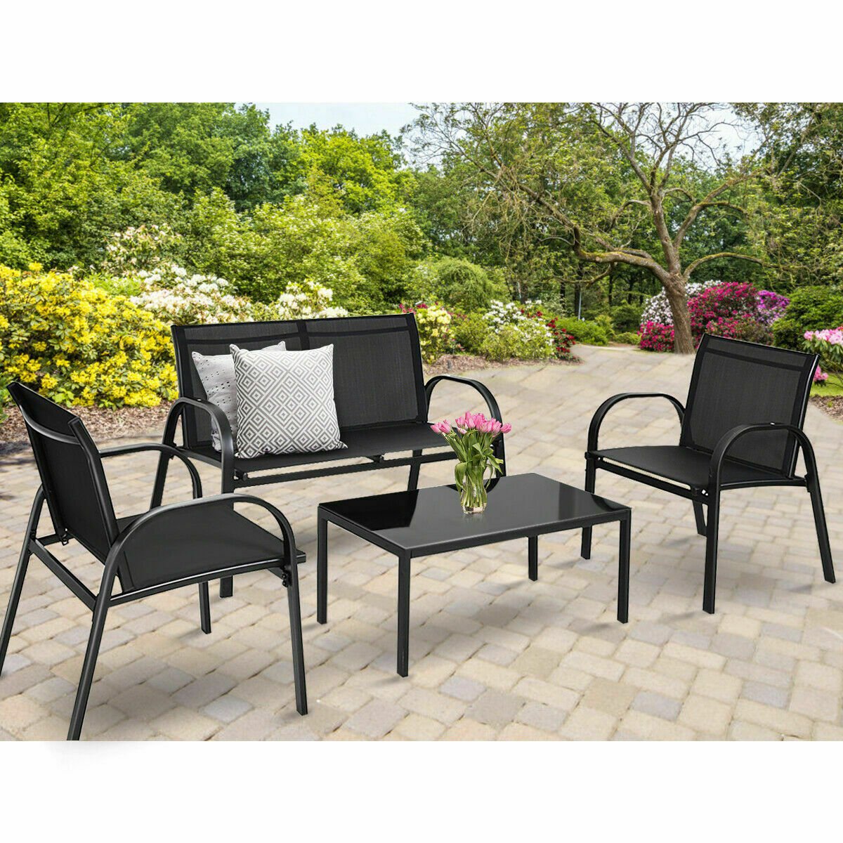 4 PCS Patio Furniture Set Sofa Coffee Table Steel Frame Garden Black Outdoors