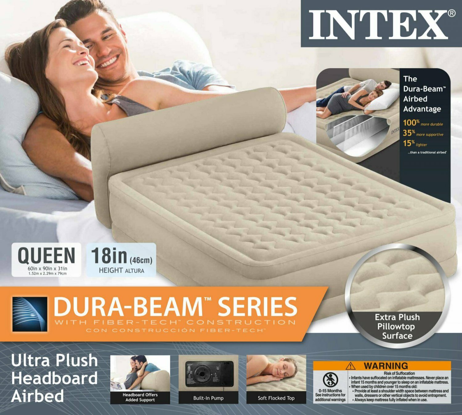 Intex 8924714 Dura Beam Headboard Air Bed Queen Pump Included Beige