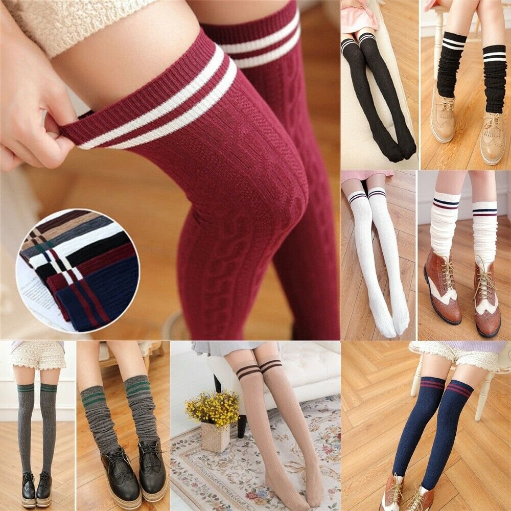 New Women Knit Cotton Over The Knee Long Socks Striped Thigh High Stocking Socks