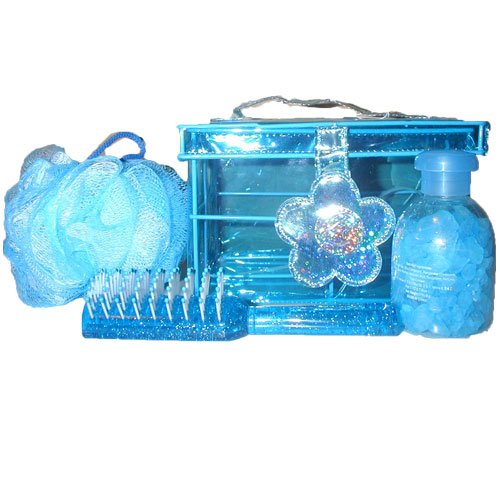 Blue Bath Spa Gift Set with Glitter Beauty Box, Hair Brush, Bath Salts & Pouf