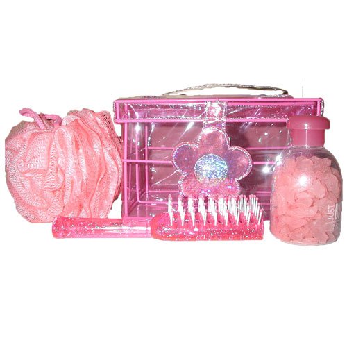 Pink Bath Spa Gift Set with Glitter Beauty Box, Hair Brush, Bath Salts & Pouf