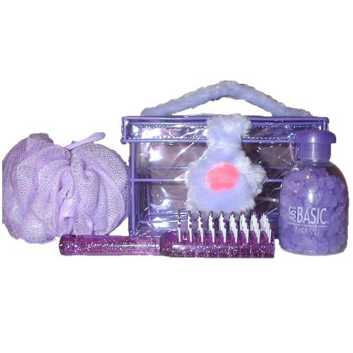 Purple Bath Spa Gift Set with Fuzzy Beauty Box, Hair Brush, Bath Salts & Pouf