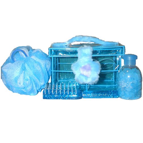 Blue Bath Spa Gift Set with Fuzzy Beauty Box, Hair Brush, Bath Salts & Pouf