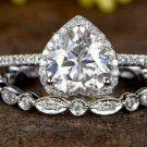 1.24ct Heart Cut Moissanite Unique Halo Engagement Ring Set 10k White Gold Over