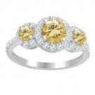 2.5 ct Round Golden Moissanite Three Stone Halo Bridal Ring 925 Sterling Silver