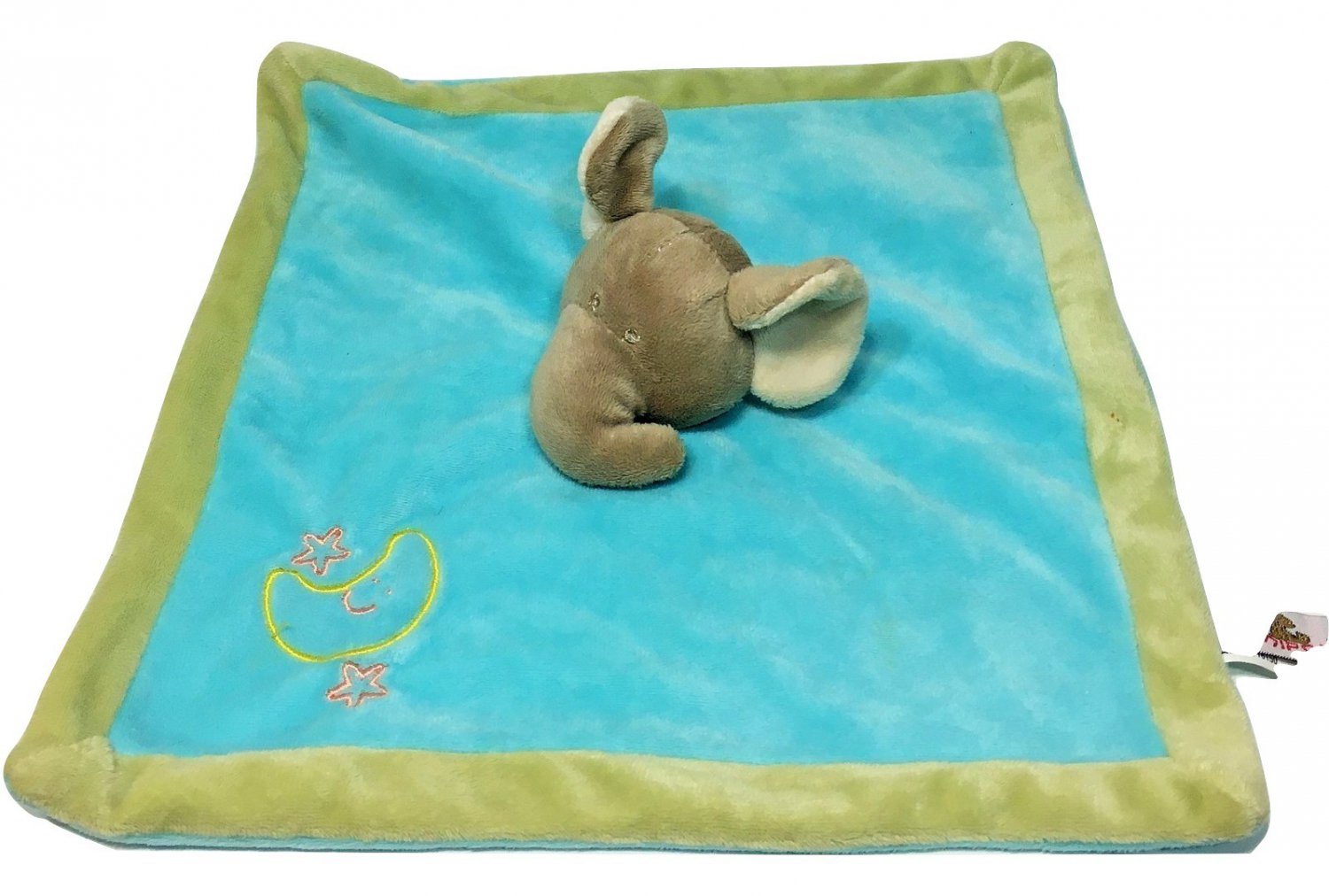 Unipak Gray Elephant Blue Plush Baby Blanket Gold Moon & Stars Olive Green 11"sq