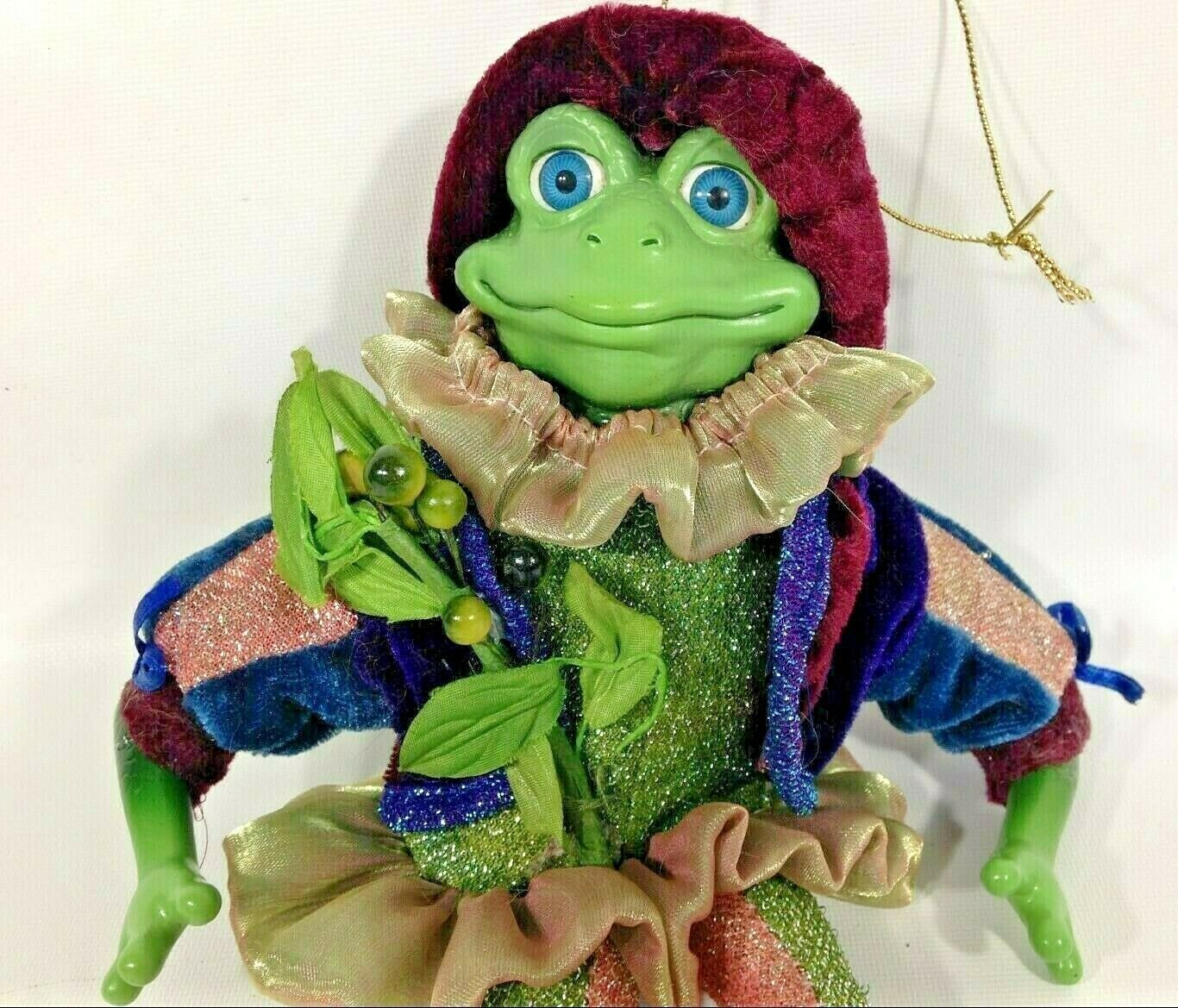 Green Frog Court Jester Ornament Gold Burgandy Glitter Costume Figure 10"