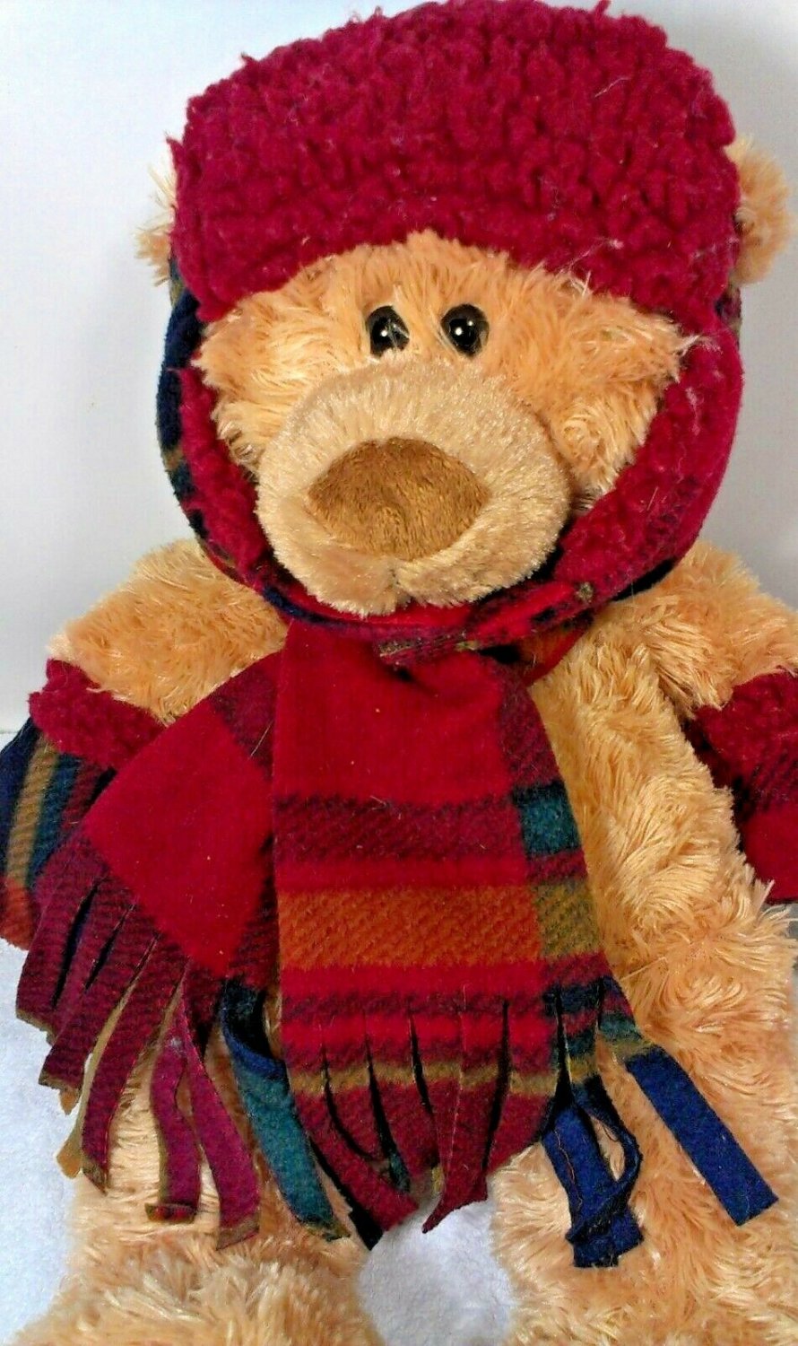 Hugfun Teddy Bear Brown Stuffed Plush Burgundy Plaid Scarf Gloves Hat 17" Toy