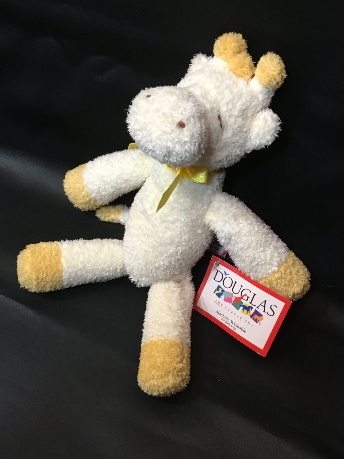 RARE HTF Baby Yellow Giraffe Lovey Rattle Plush Toy Ribbon Douglas Cuddle Toys