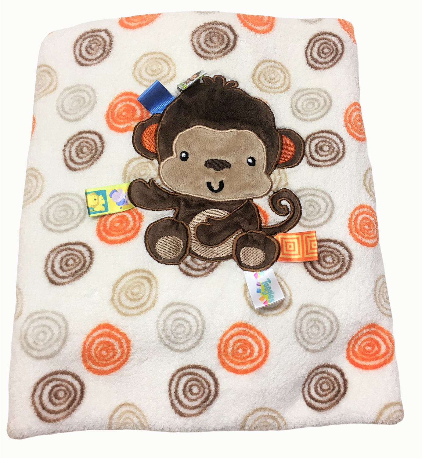 Taggies Monkey Fleece Baby Blanket Swirls Spirals Lovey Satin Tags 30" x 40"