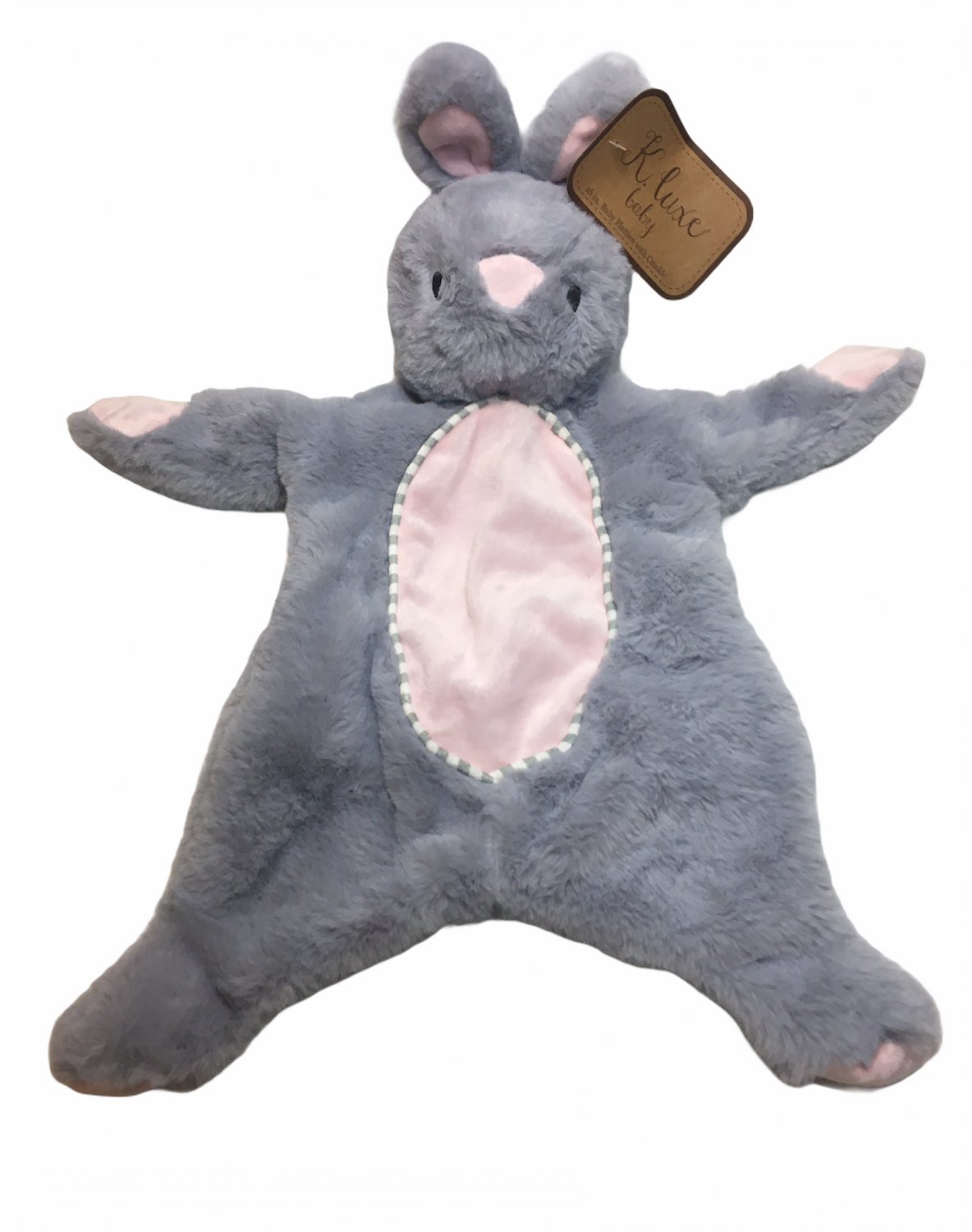 K Luxe Flatties Baby Bunny Rabbit Gray Plush Crinkle Rattle Security Toy NEW