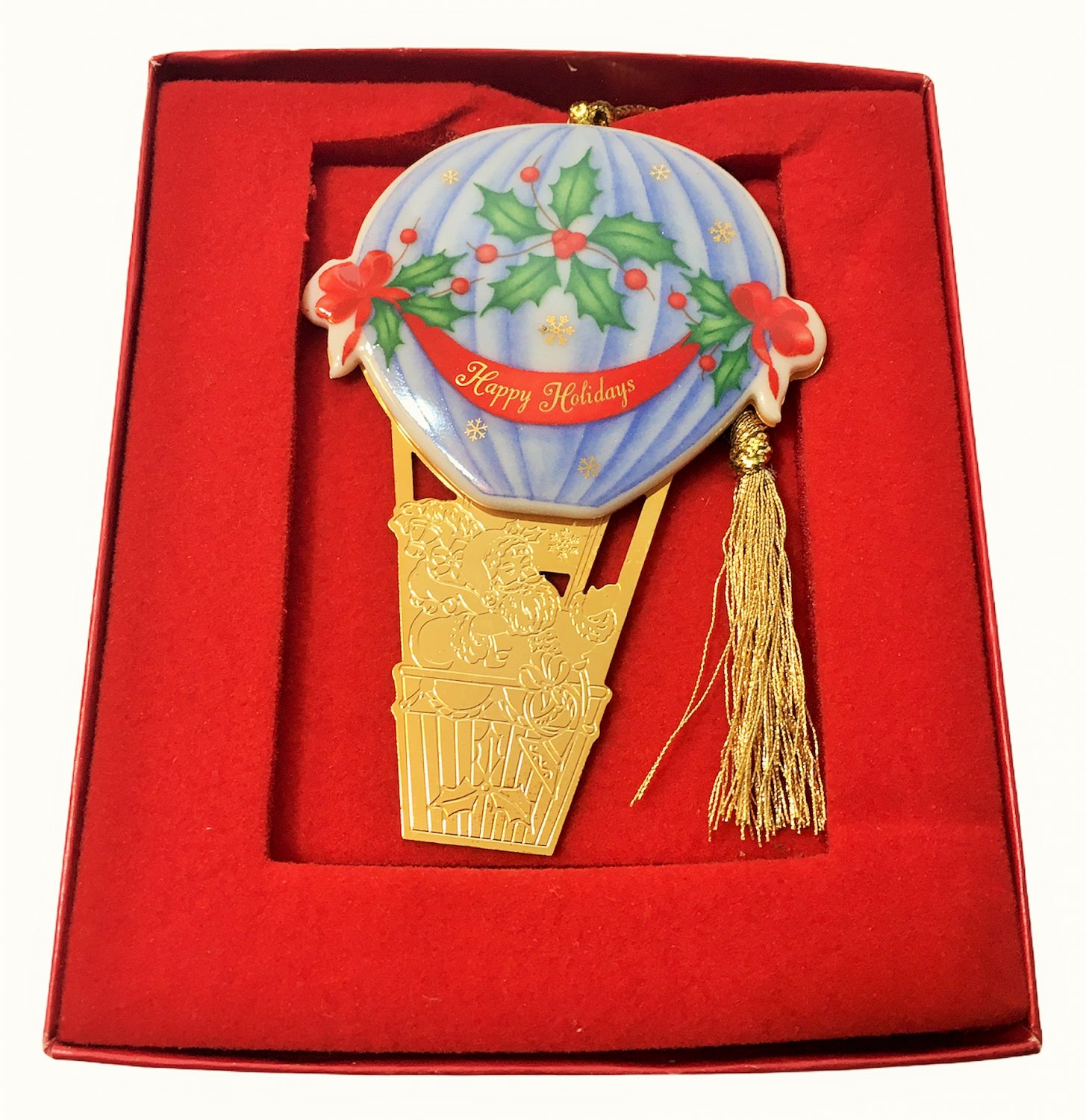 Lenox Across The Miles Hot Air Balloon Ornament Gold Color Ceramic & Tassel BOX