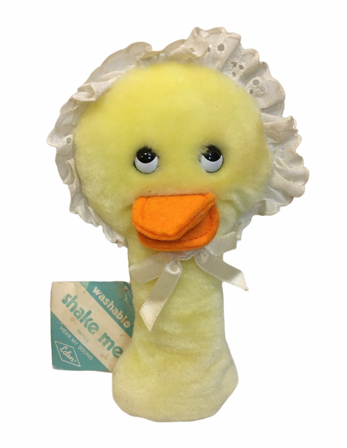 Vintage 1987 Eden Toys DUCK Baby Rattle Plush Bow Stuffed Animal Toy TAG 7"