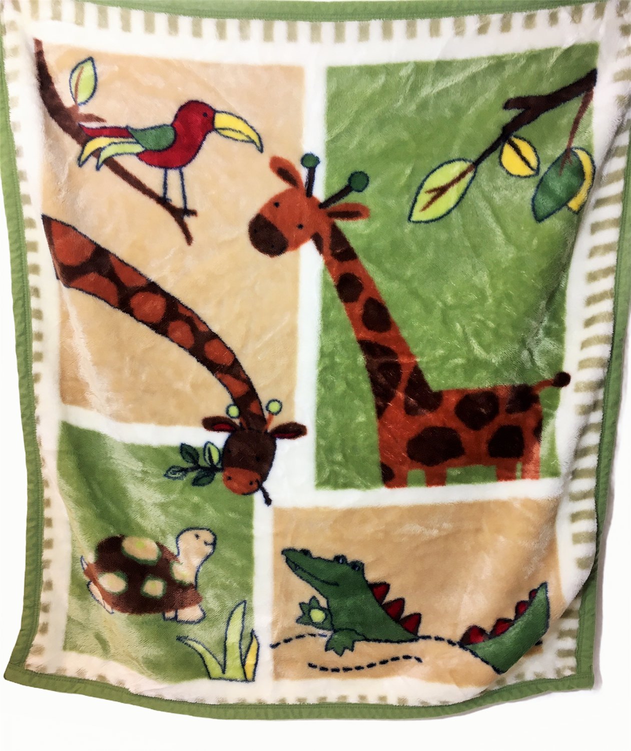 Kidsline Jungle Safari Fleece Blanket Alligator Bird Giraffes Turtle Green Trim