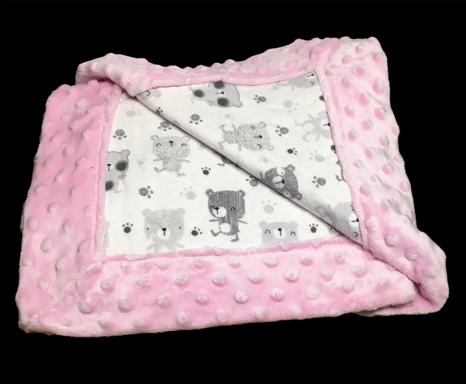 Pink Minky Dot Baby Blanket Teddy Bear Design LARGE 36" x 24" Unique Blankie