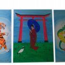 Original Three Piece Signed Painting - Geisha with Tiger and Dragon Guardians