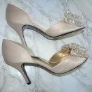NINA new york RHINESTONE BOW Beige SATIN LEATHER HEELS 8.5