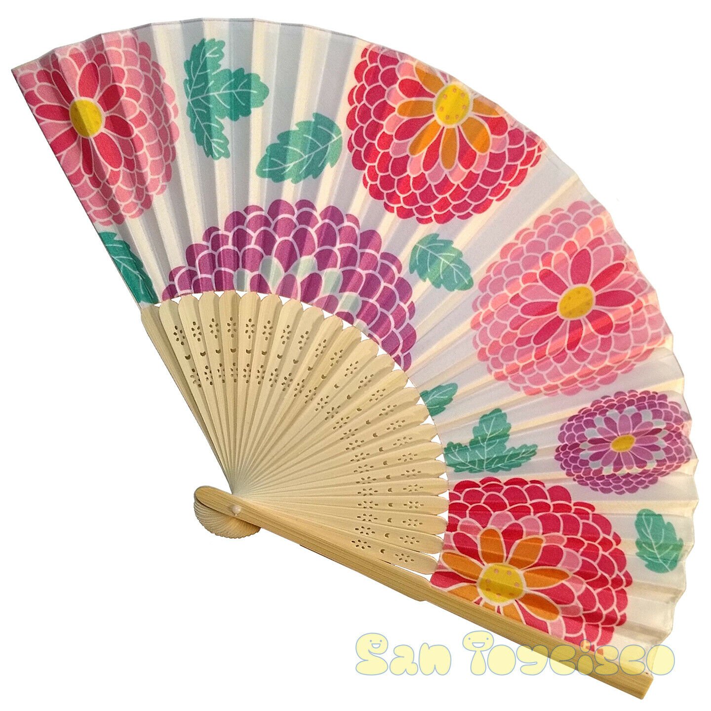 Bamboo Folding Fan Sensu Daiso Japan Chrysanthemum White 1.2 x 8.3 in