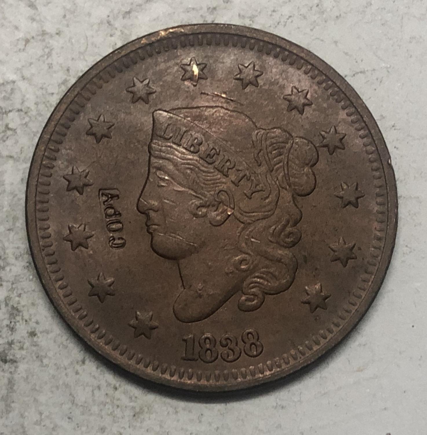 1838 United States Braided Hair Large One Cent Copy Coin