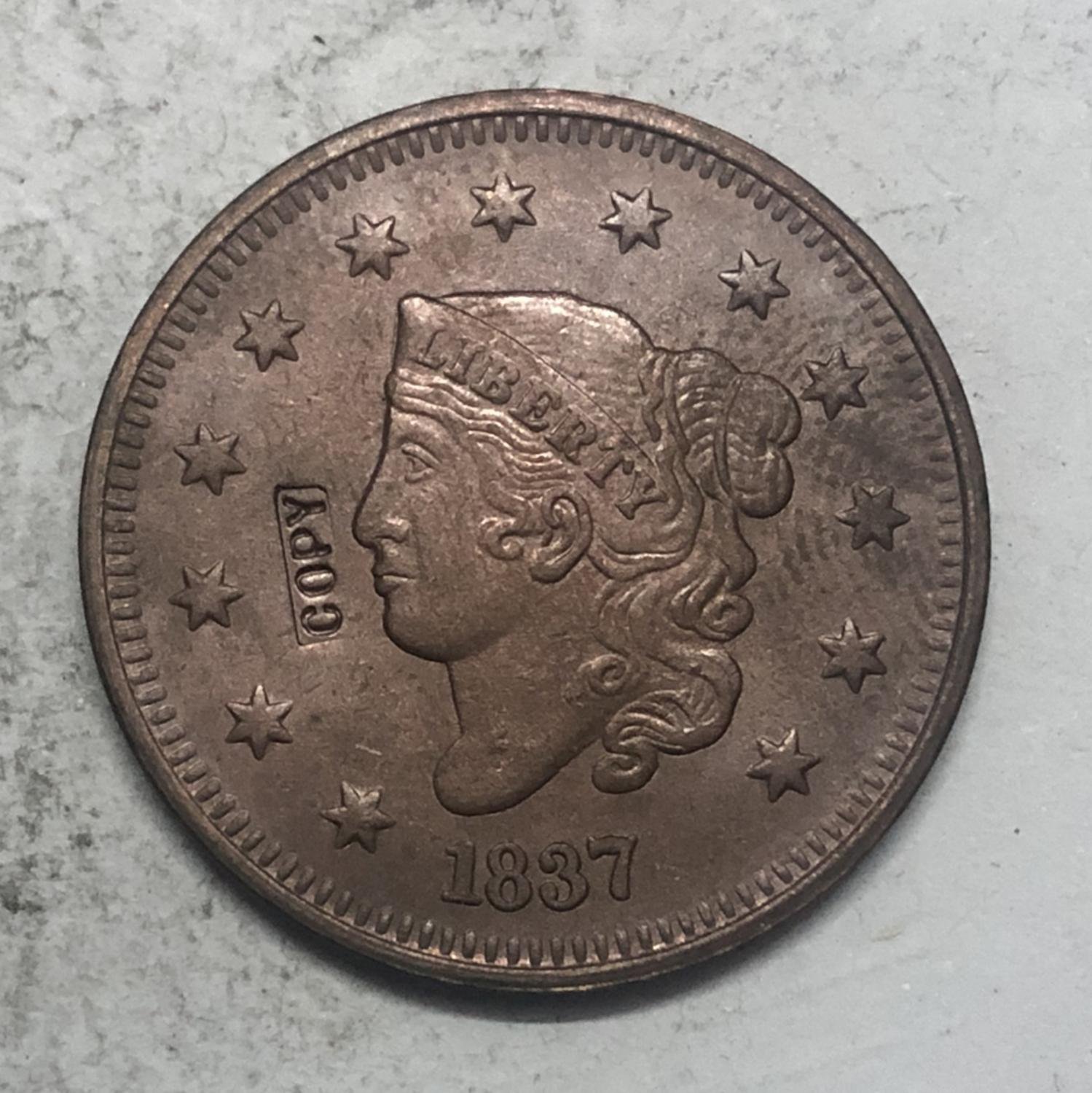 1837 United States Braided Hair Large One Cent Copy Coin