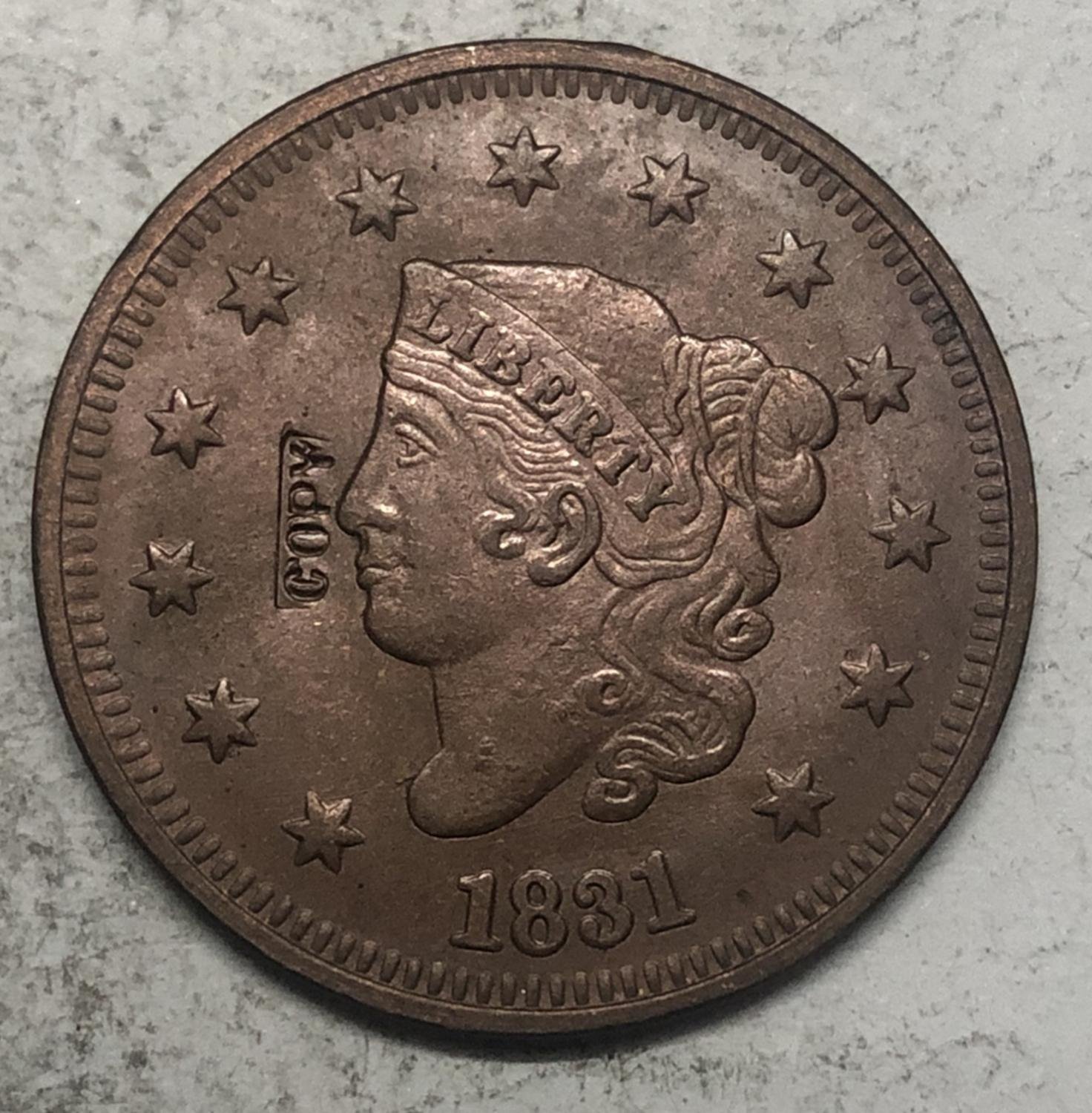 1831 United States Braided Hair Large One Cent Copy Coin