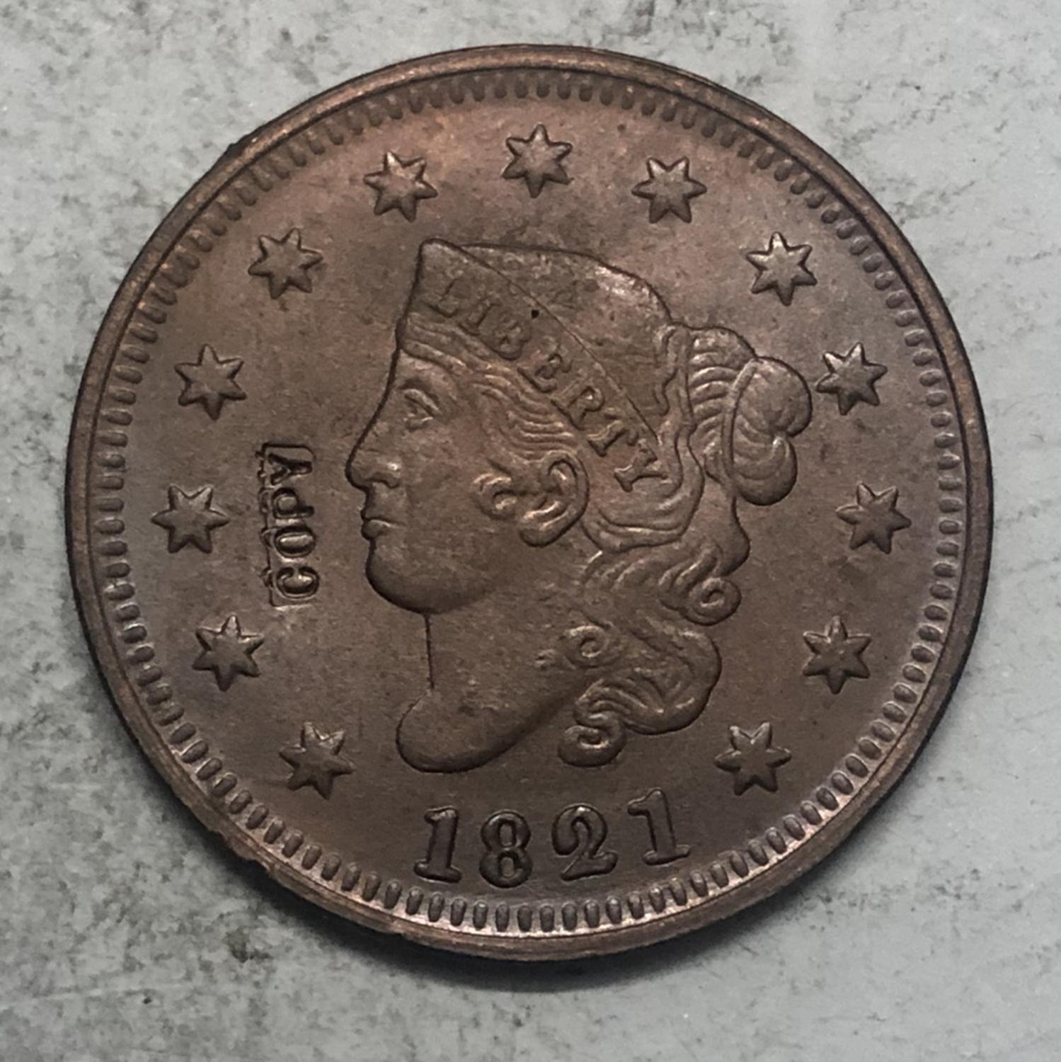 1821 United States Braided Hair Large One Cent Copy Coin