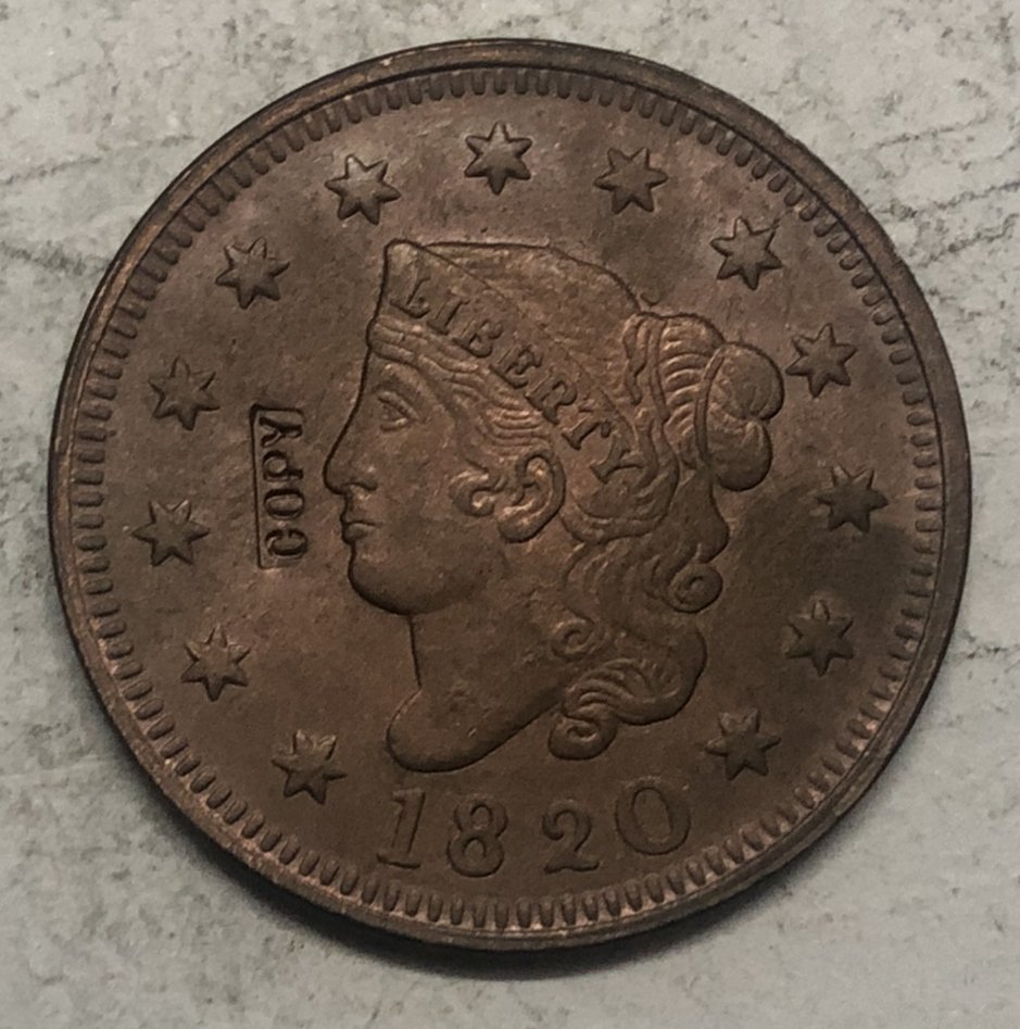 1820 United States Braided Hair Large One Cent Copy Coin