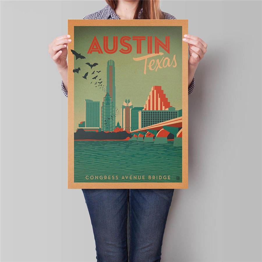 Texas City Landscape Poster Hand Painted Trip Drawing Wall Art Sticker Kraft Paper Poster 42x30cm